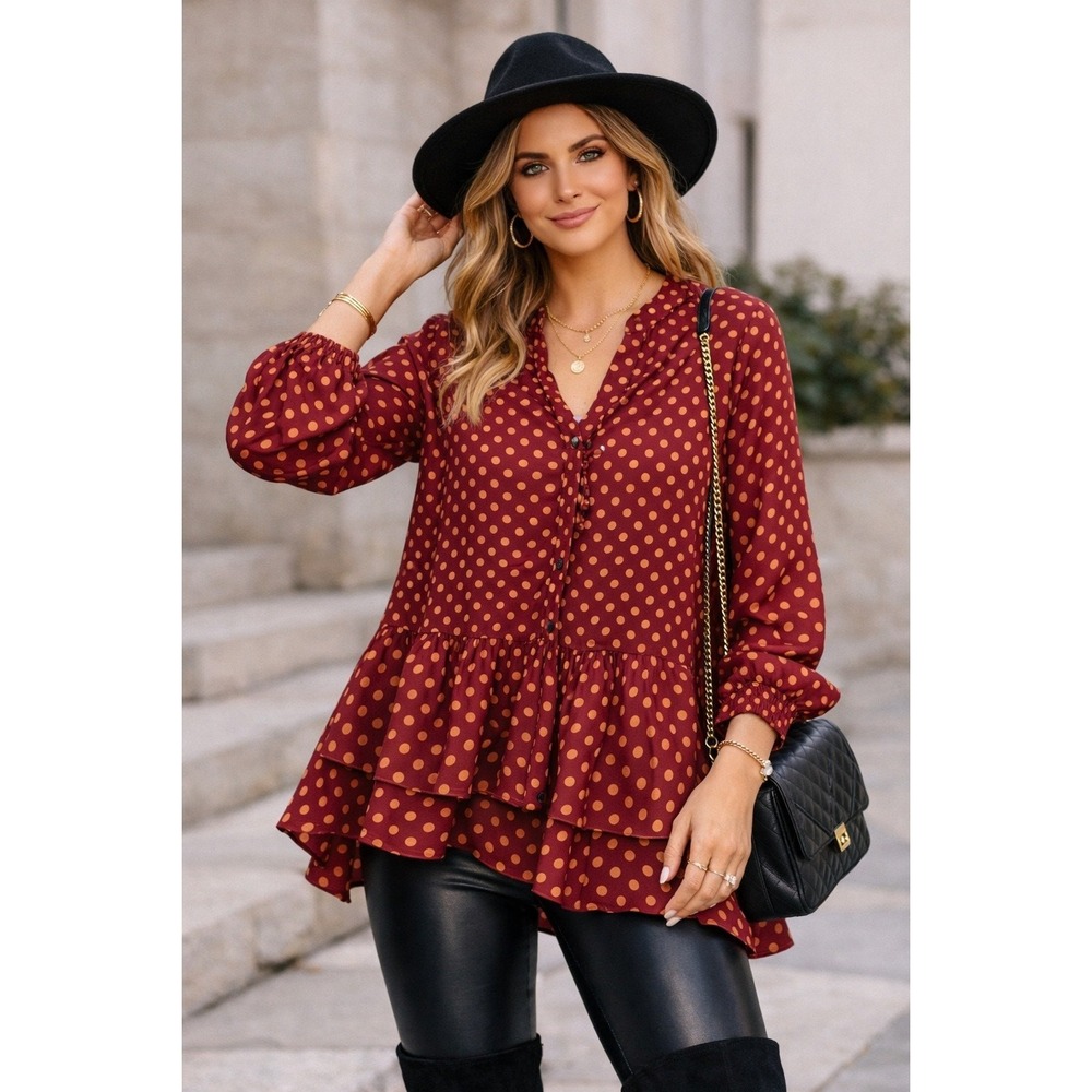 Listicle Ruffle Hem Polka Dot Tunic Women Small Burgundy Excellent Pockets Long